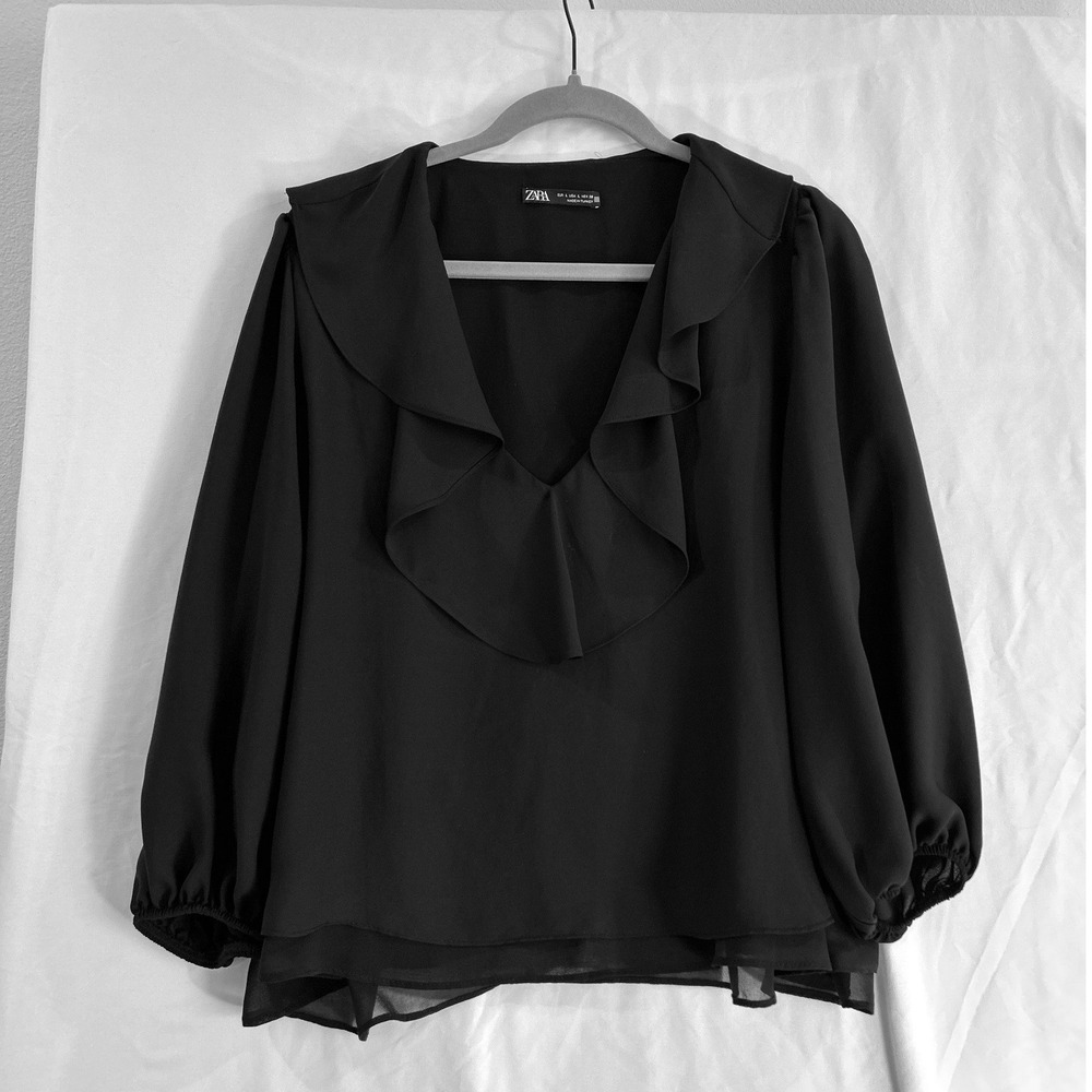 Zara Black Ruffle V-Neck Blouse Long Puff Sleeve Layered Chiffon Top Large